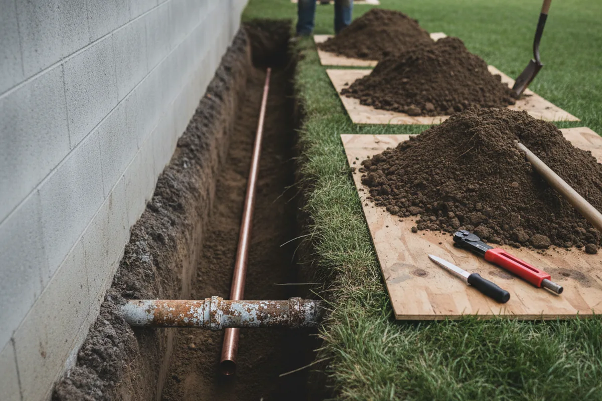 Excavated water line trench during Sewer Line Repair in Whitestown